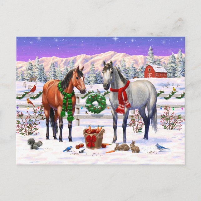 Christmas Horses in Snow Holiday Postcard (Front)