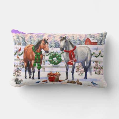 Christmas Horses in Snow Lumbar Pillow
