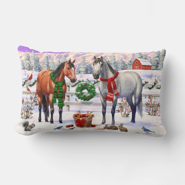 Christmas Horses in Snow Lumbar Pillow (Front)