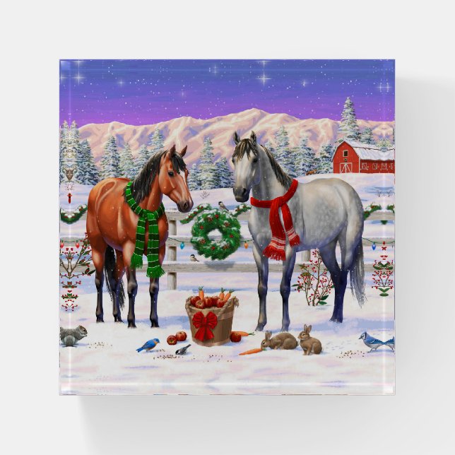Christmas Horses in Snow Paperweight (Front)