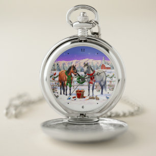 Christmas Horses in Snow Pocket Watch