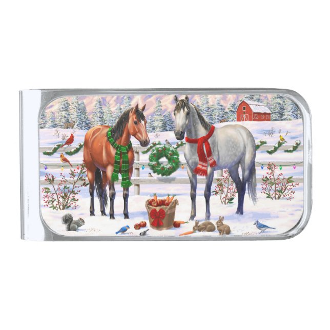 Christmas Horses in Snow Silver Finish Money Clip (Front)