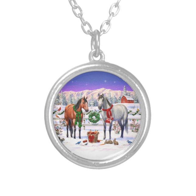 Christmas Horses in Snow Silver Plated Necklace (Front)
