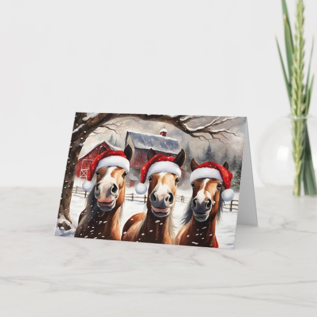 Christmas Horses in Snow with Cute Santa  Holiday Card (Front)