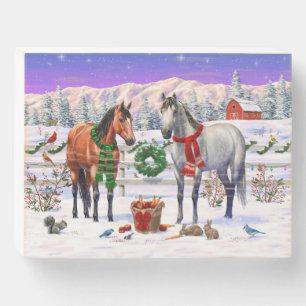Christmas Horses in Snow Wooden Box Sign