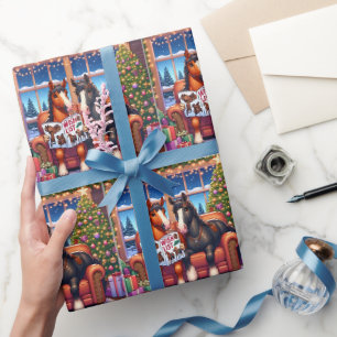 Christmas Horses On Sofa With New Saddle Wish Book Wrapping Paper