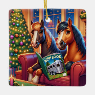 Christmas Horses On Sofa With Trailer Wish Book Ceramic Ornament
