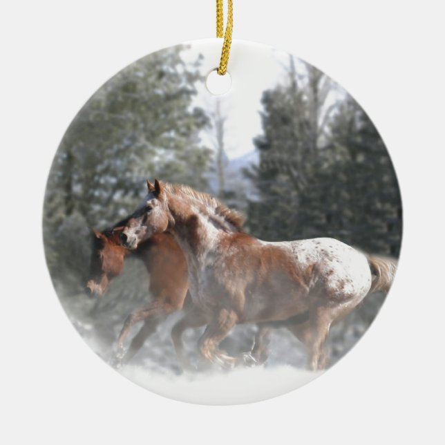 Christmas Horses Running in the Snow Ceramic Ornament (Front)
