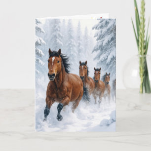 Christmas Horses Running Through a Snowy Forest Card