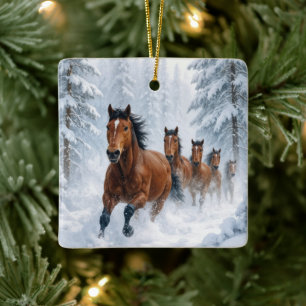 Christmas Horses Running Through a Snowy Forest Ceramic Ornament