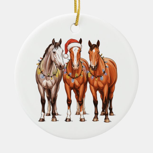 Christmas Horses Western Cowboy Santa Hat Farm Ceramic Ornament (Front)
