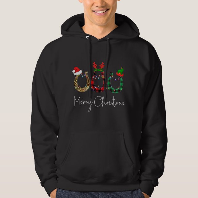Christmas Horseshoe Leopard Plaid Santa Hat Horse  Hoodie (Front)