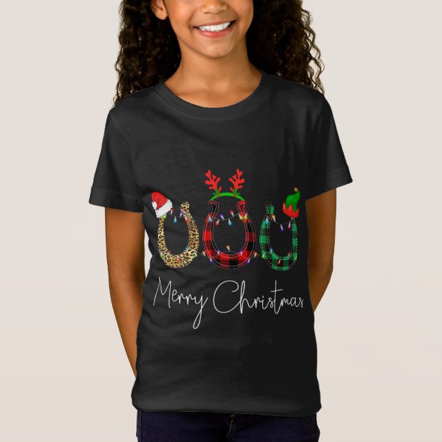 Christmas Horseshoe Leopard Plaid Santa Hat Horse  T-Shirt (Front)