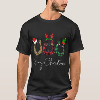 Christmas Horseshoe Leopard Plaid Santa Hat Horse  T-Shirt