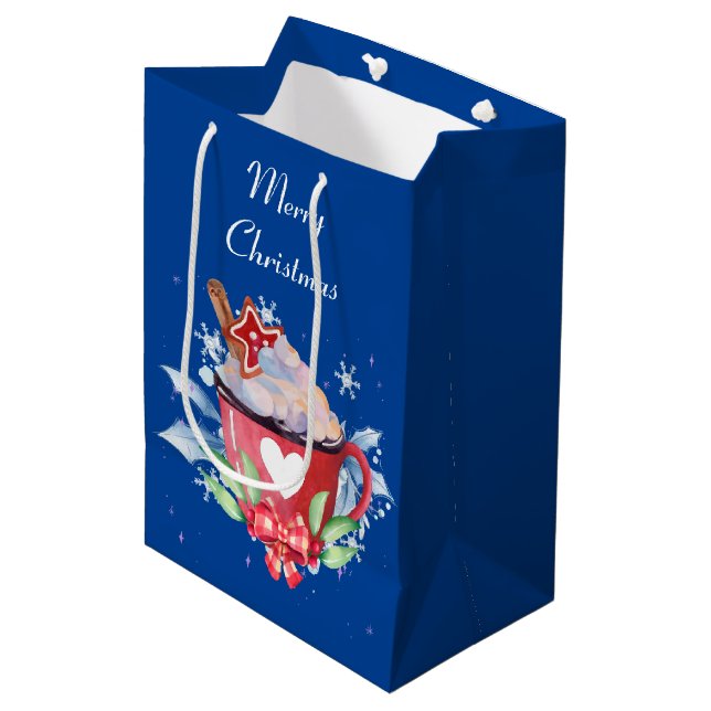 Christmas Hot Chocolate on Blue Medium Gift Bag (Front Angled)