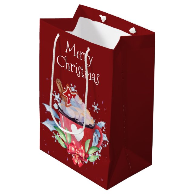Christmas Hot Chocolate on Red Medium Gift Bag (Front Angled)