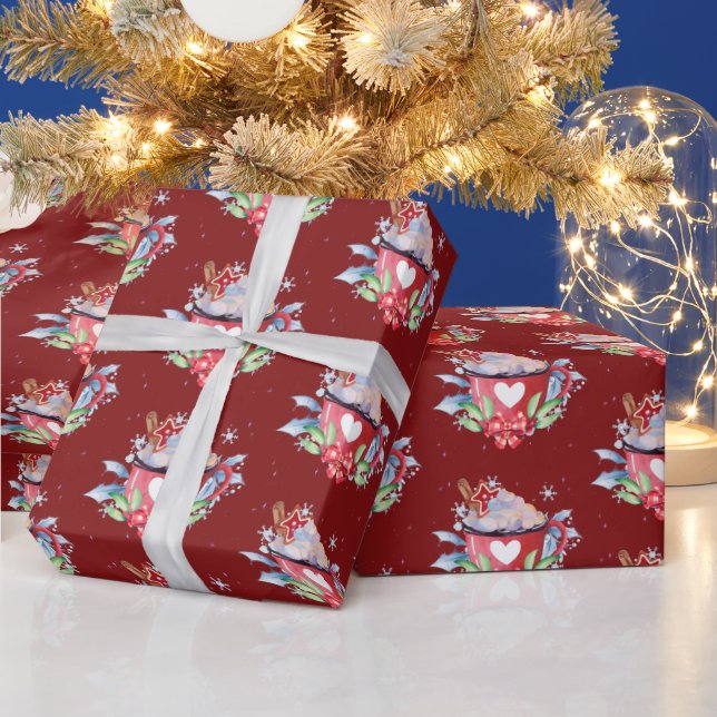 Christmas Hot Chocolate on Red Wrapping Paper (Holidays)