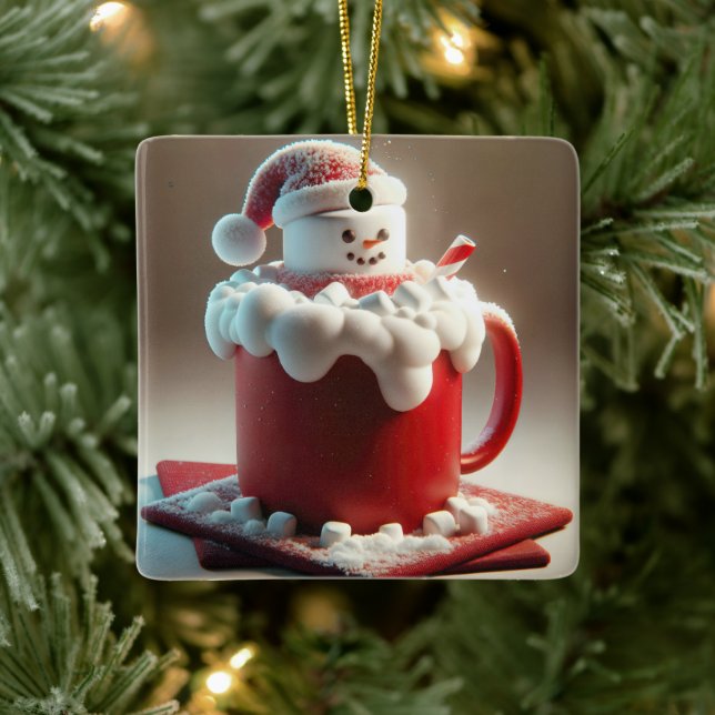 Christmas Hot Chocolate Snowman Ceramic Ornament (Tree)