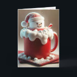 Christmas Hot Chocolate Snowman Holiday Card<br><div class="desc">A large marshmallow designed as a snowman with a Santa hat sits atop a red mug filled with creamy foam.
Inside text can be changed.</div>