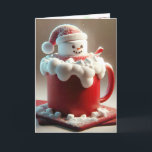 Christmas Hot Chocolate Snowman Holiday Card<br><div class="desc">A large marshmallow designed as a snowman with a Santa hat sits atop a red mug filled with creamy foam.
Inside text can be changed.</div>