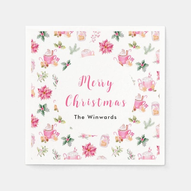 Christmas Hot Cocoa and Pink Poinsettias Napkins (Front)