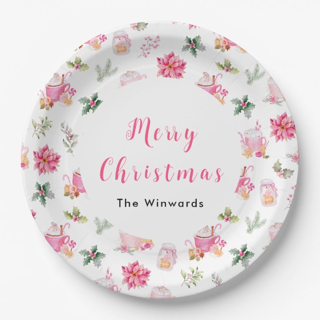 Christmas Hot Cocoa and Pink Poinsettias Paper Plates (Front)