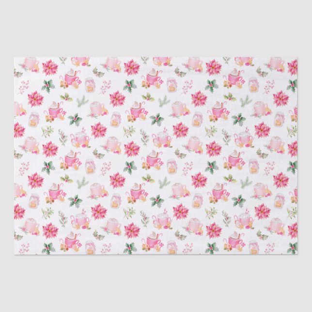 Christmas Hot Cocoa and Pink Poinsettias Tissue Paper (Front)