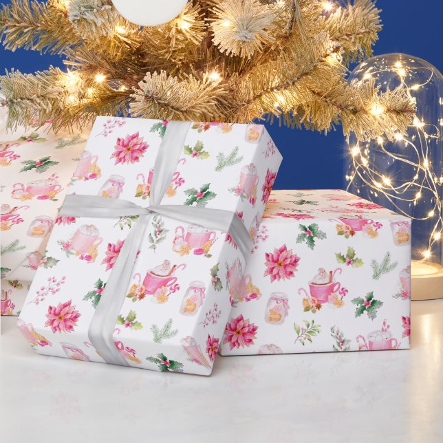 Christmas Hot Cocoa and Pink Poinsettias Wrapping Paper (Holidays)