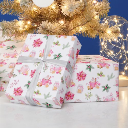 Christmas Hot Cocoa and Pink Poinsettias Wrapping Paper