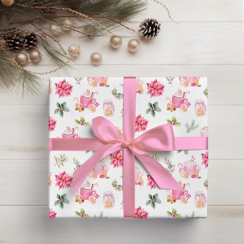 Christmas Hot Cocoa and Pink Poinsettias Wrapping Paper