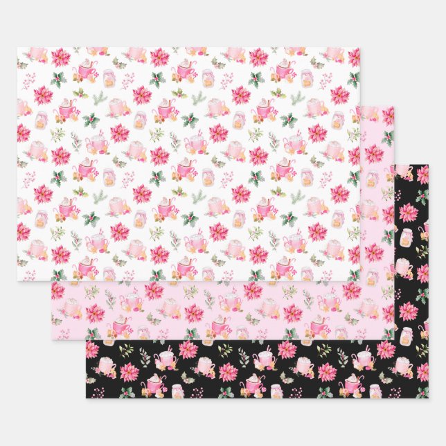 Christmas Hot Cocoa and Pink Poinsettias Wrapping Paper Sheets (Set)