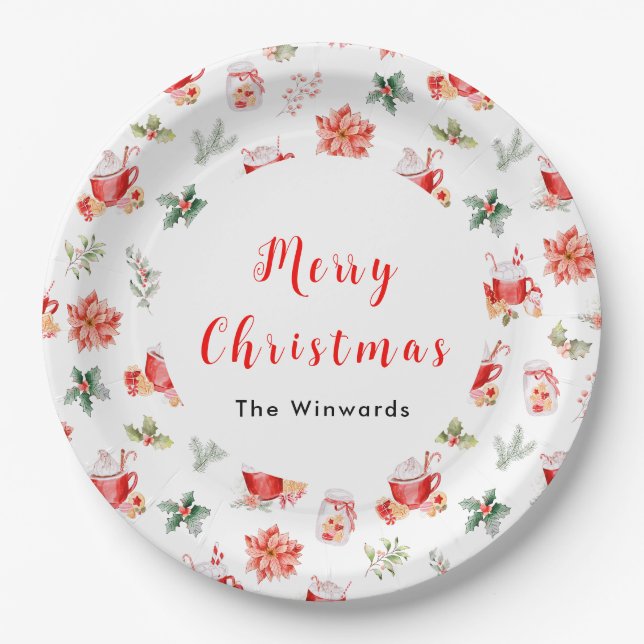 Christmas Hot Cocoa and Red Poinsettias Paper Plates (Front)
