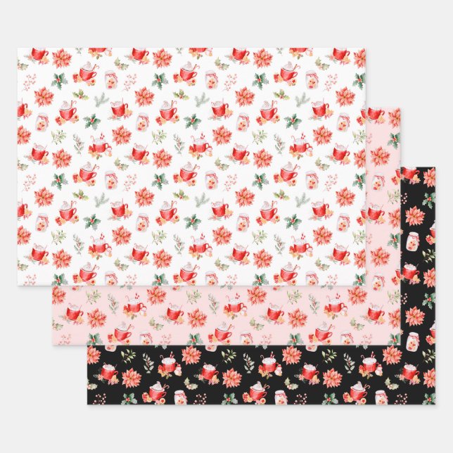 Christmas Hot Cocoa and Red Poinsettias Wrapping Paper Sheets (Set)