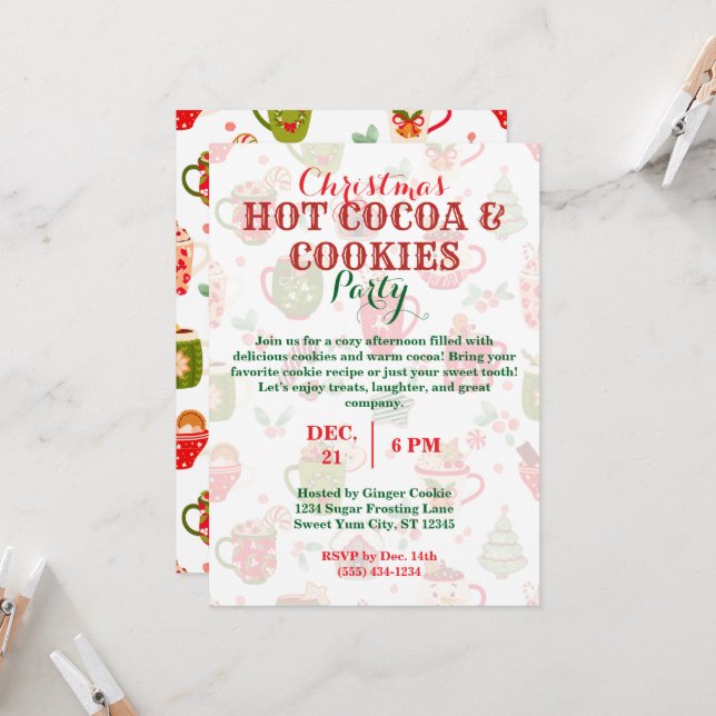 Christmas Hot Cocoa & Cookies Party with Pattern Invitation (Front/Back In Situ)