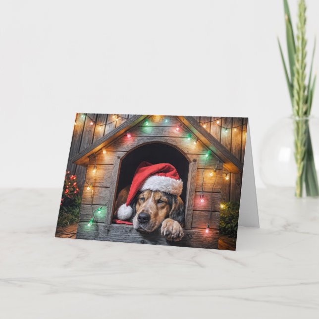Christmas Hound Dog In Doghouse Holiday Card (Front)