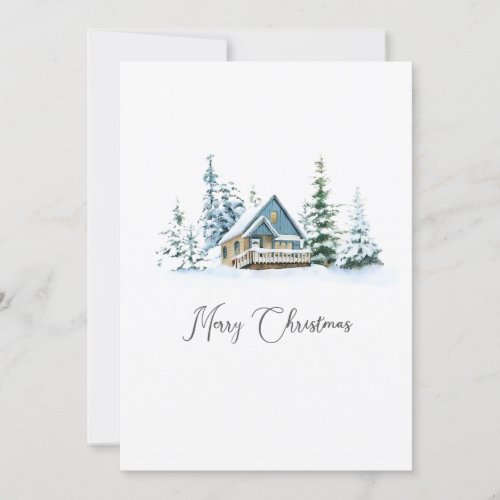 Christmas house and snow_covered trees holiday card