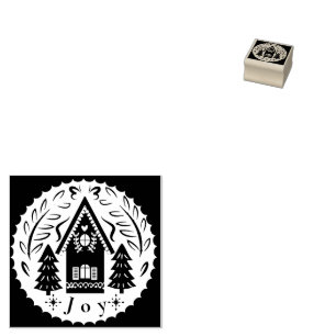 Christmas House and Trees Rubber Stamp