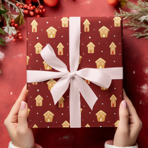 Christmas House Gingerbread On Dark Red Background Wrapping Paper