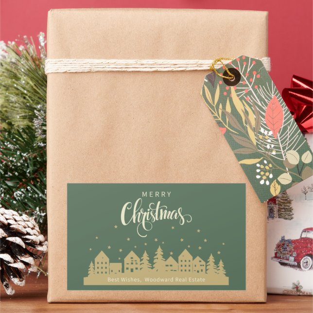 Christmas House Green Retro | Real Estate Custom  Rectangular Sticker (Holiday)