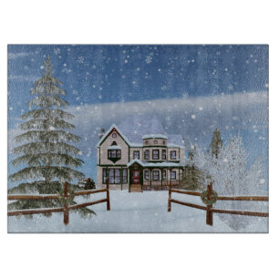 Christmas, House in Snowy Winter Scene Cutting Board