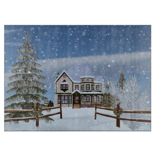 Christmas, House in Snowy Winter Scene Cutting Board (Front)