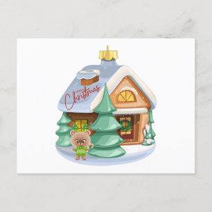 Christmas House Ornament and Cute Teddy Bear Holiday Postcard