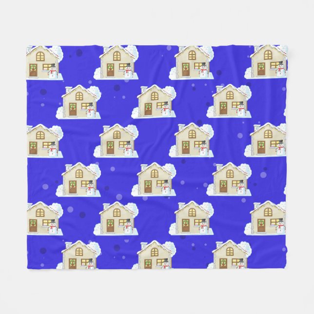 Christmas House Pattern - Blue Background  Fleece Blanket (Front (Horizontal))