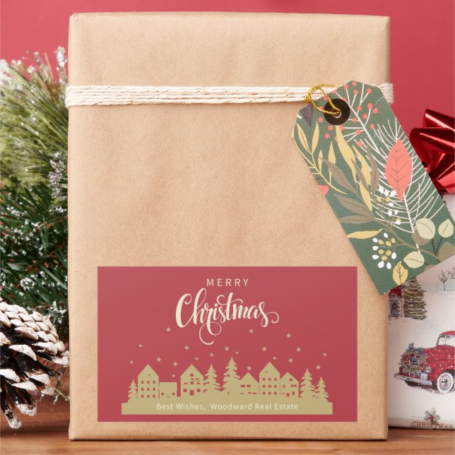 Christmas House Red Retro | Realtor Personalized  Rectangular Sticker (Holiday)