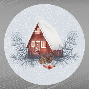 Christmas House Snow Pine Berries Watercolor Classic Round Sticker