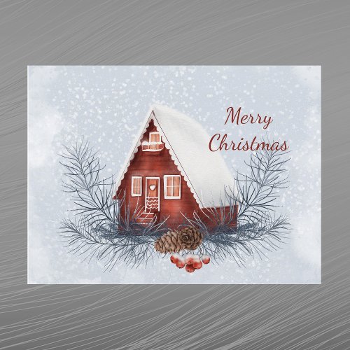 Christmas House Snow Pine Berries Watercolor Holiday Postcard