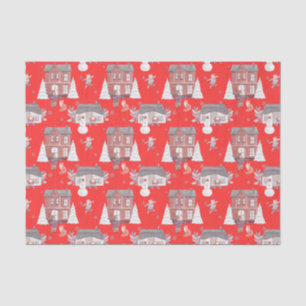 Christmas House, Snowman and Christmas Tree Red  Tissue Paper