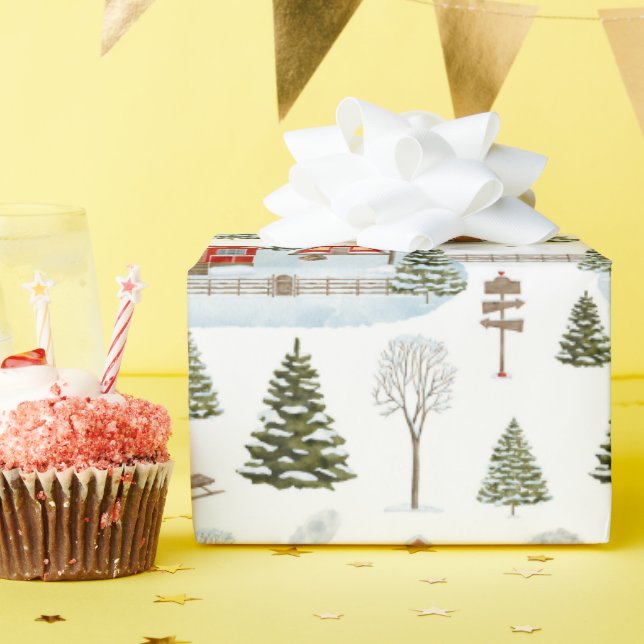 Christmas House Watercolor Pattern  Wrapping Paper (Birthday Party)