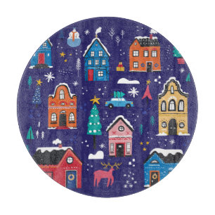 Christmas Houses: Flat Vintage Illustration. Cutting Board