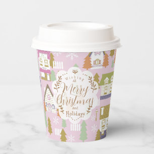 Christmas Houses Pink Paper Cups